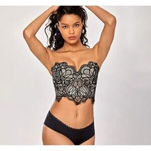 Dobreva Black Lace Strapless Longline Bra Bustier‎ 38C Nude Lined Corset Top NWT